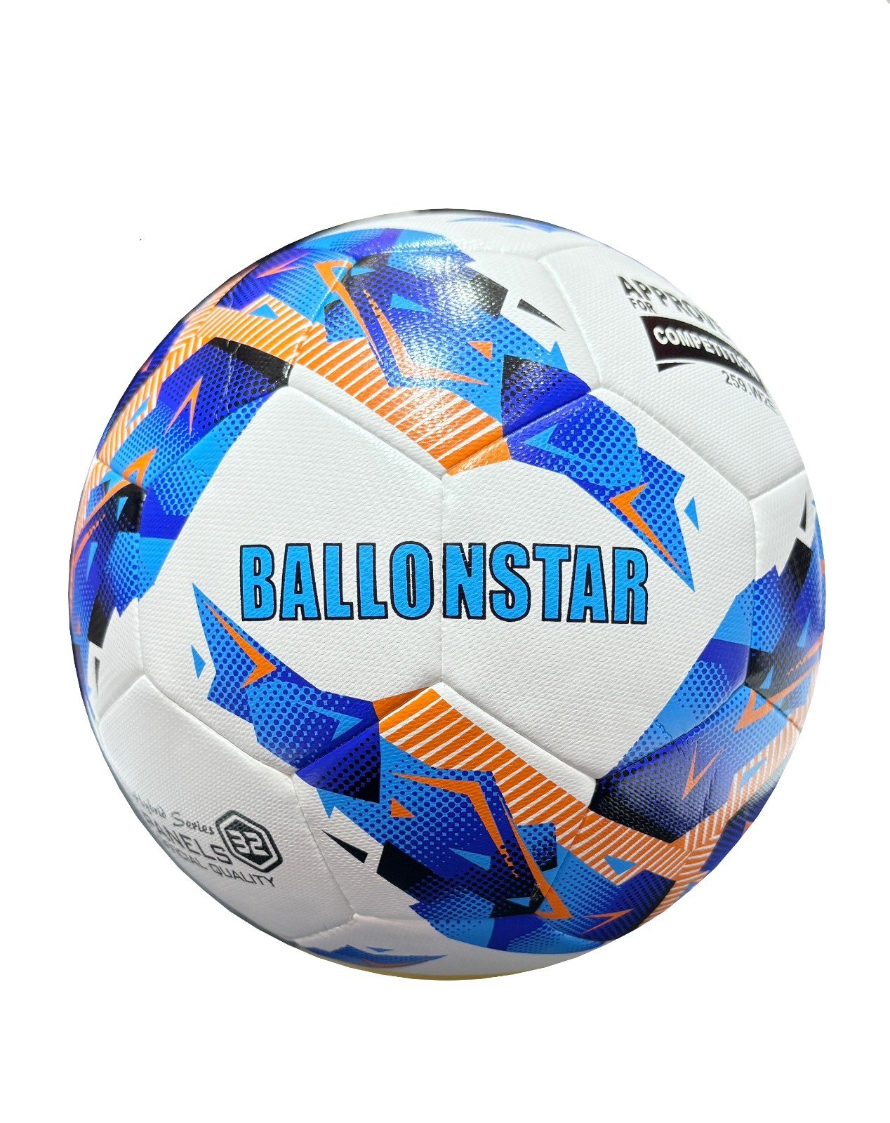 Hybrid, 32 panels white Football with blue, orange and black design Talento BE4
