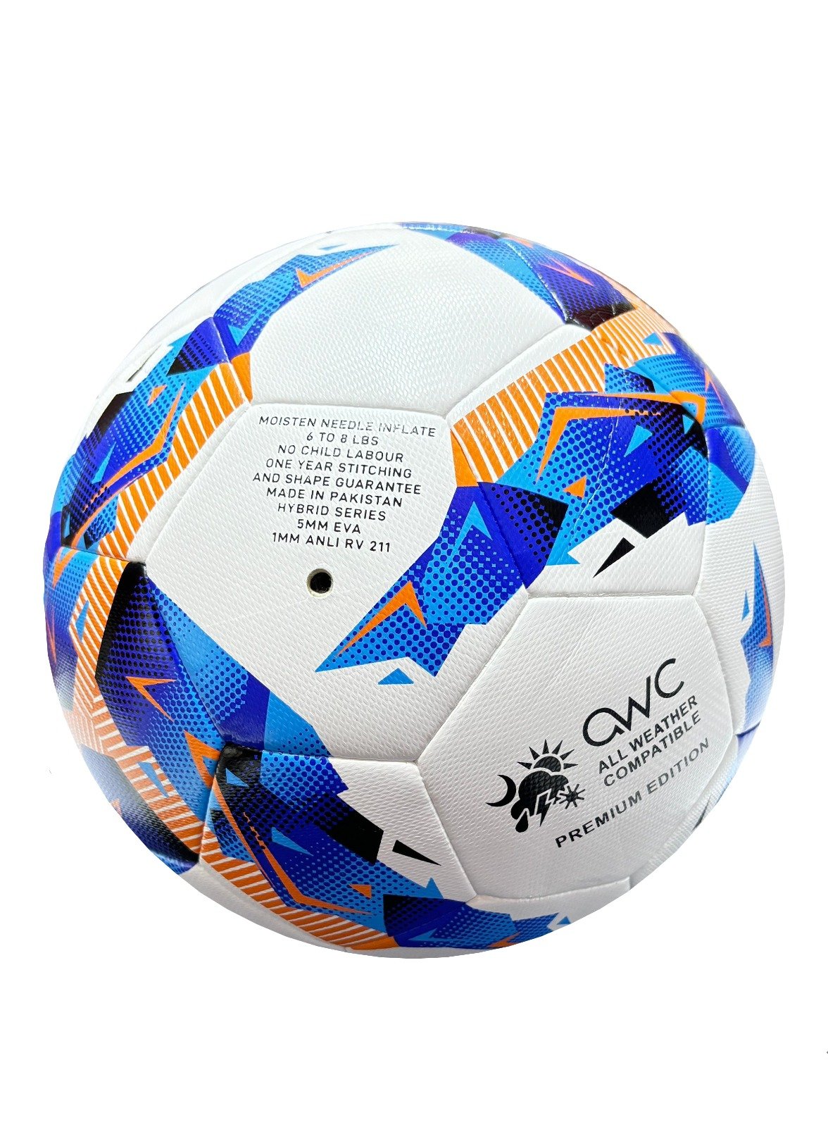 Hybrid, 32 panels white Football with blue, orange and black design Talento BE4