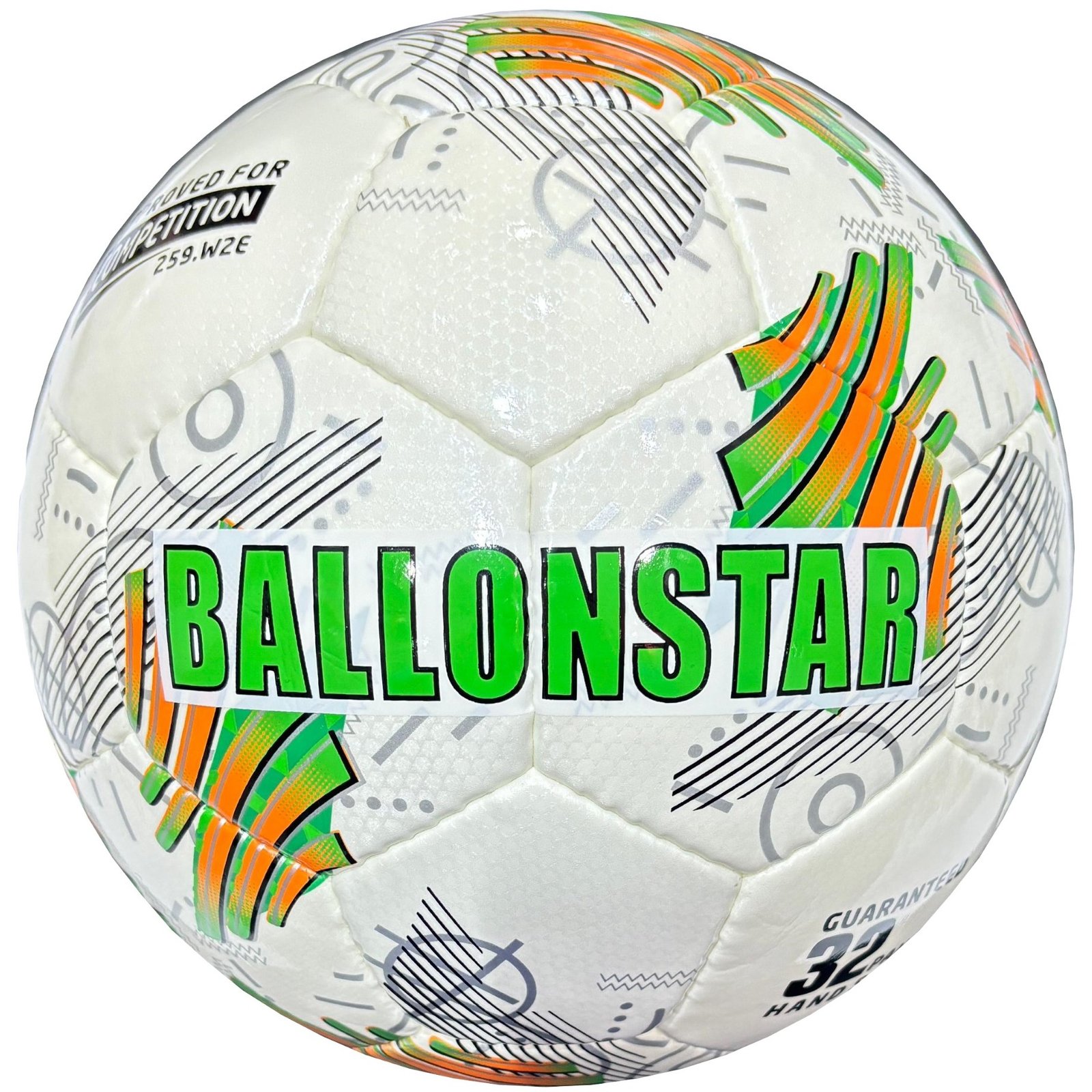 white football with green and orange design, 32 panels, handmade Crystal Pioneer