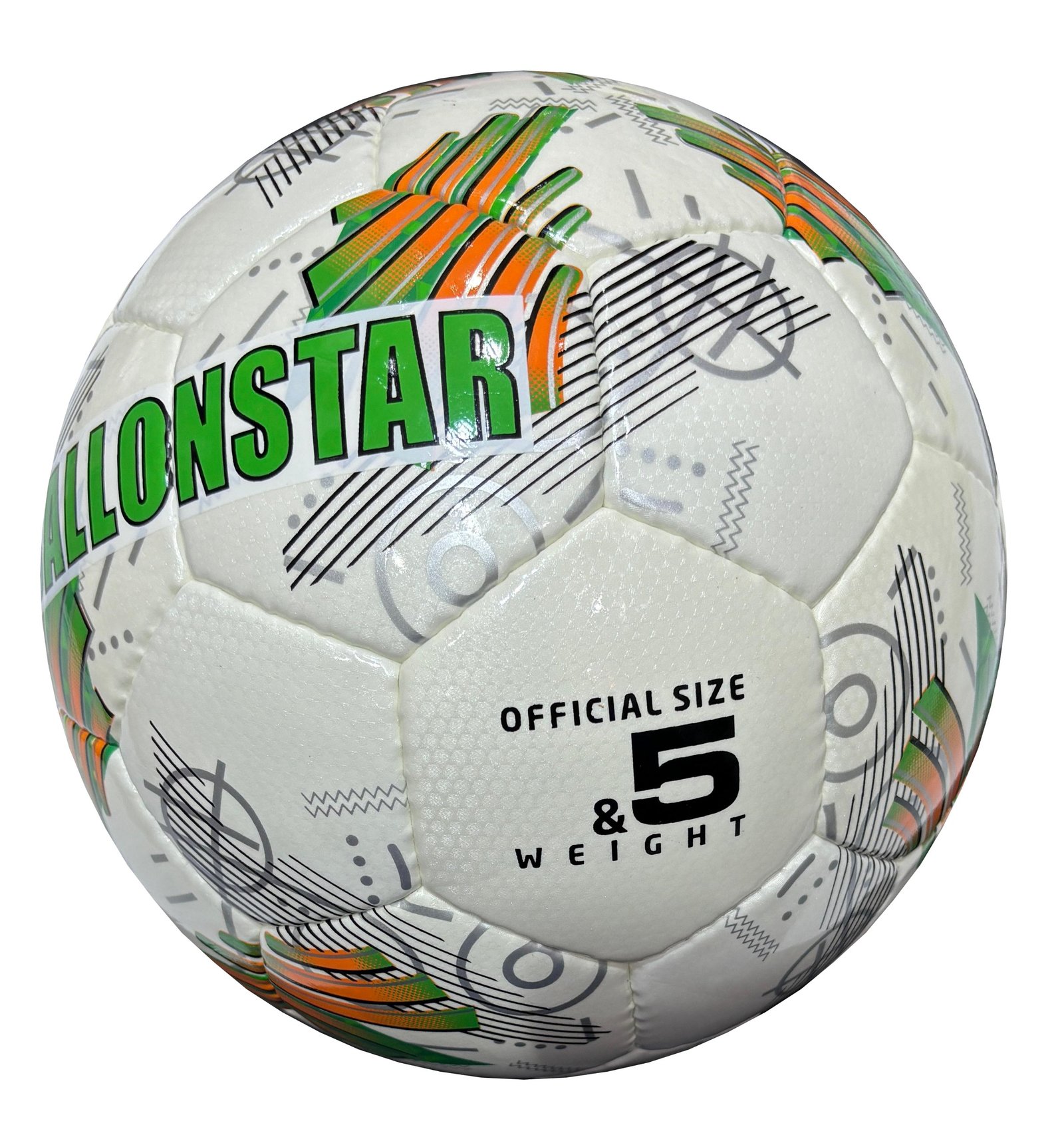 white football with green and orange design, 32 panels, handmade Crystal Pioneer