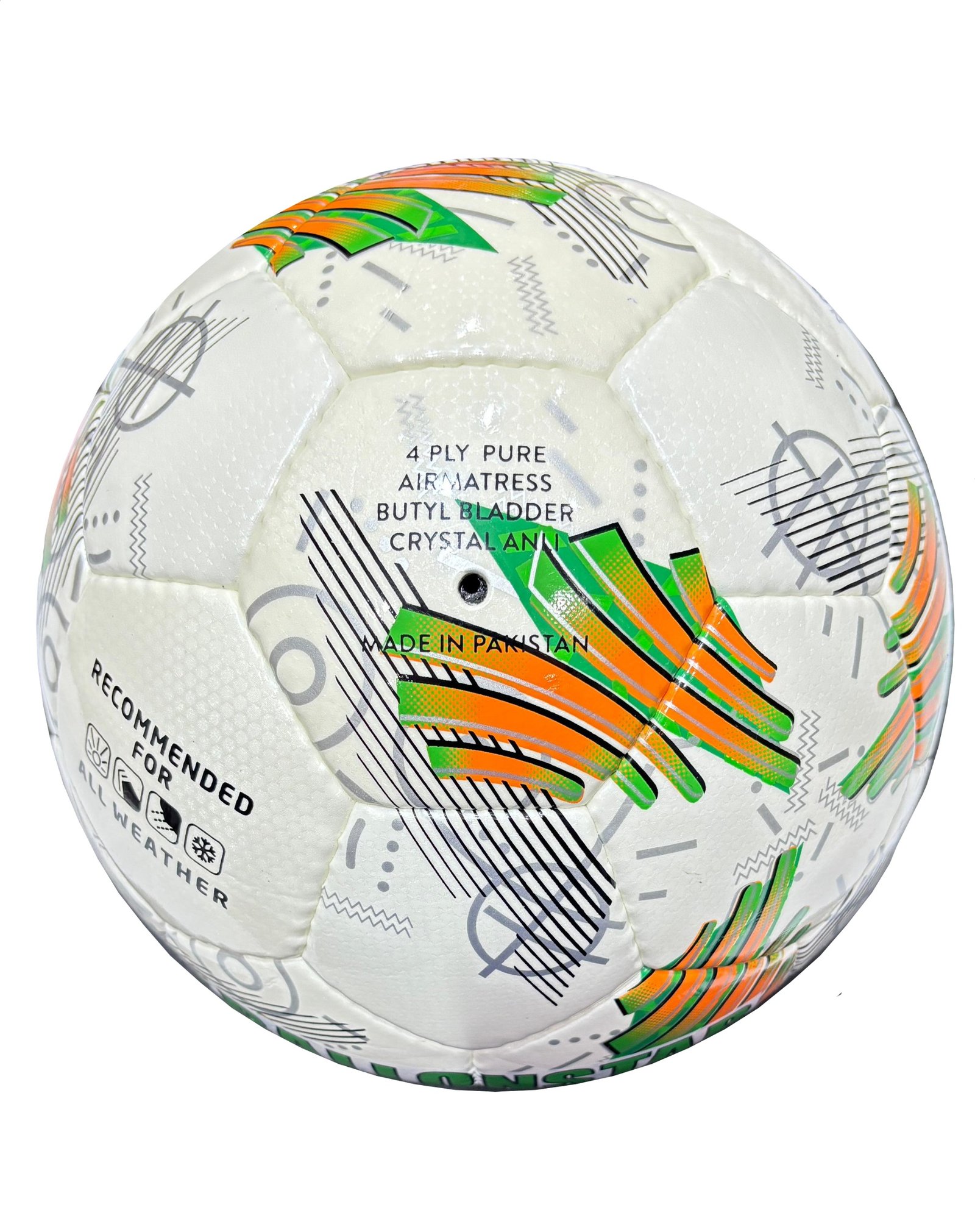 white football with green and orange design, 32 panels, handmade Crystal Pioneer