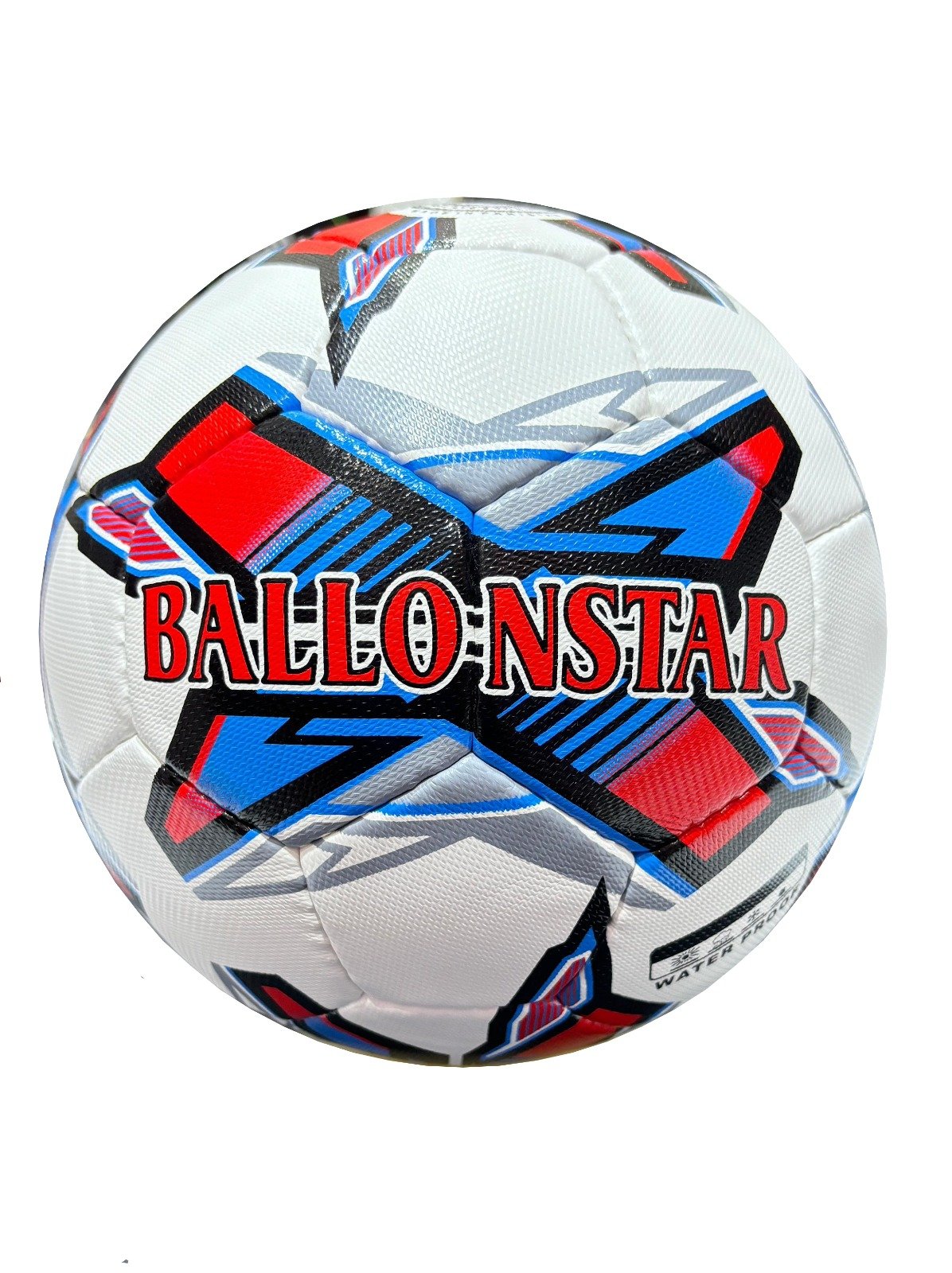 white football with red, black, blue and grey design, 32 panels, handmade MF Techno
