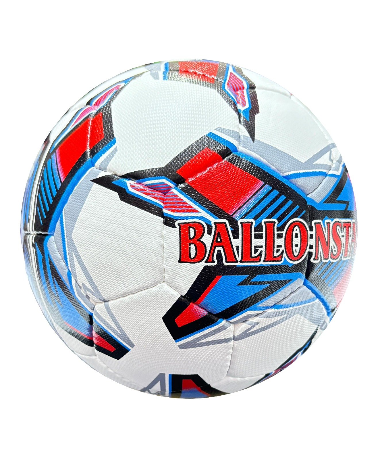 white football with red, black, blue and grey design, 32 panels, handmade MF Techno
