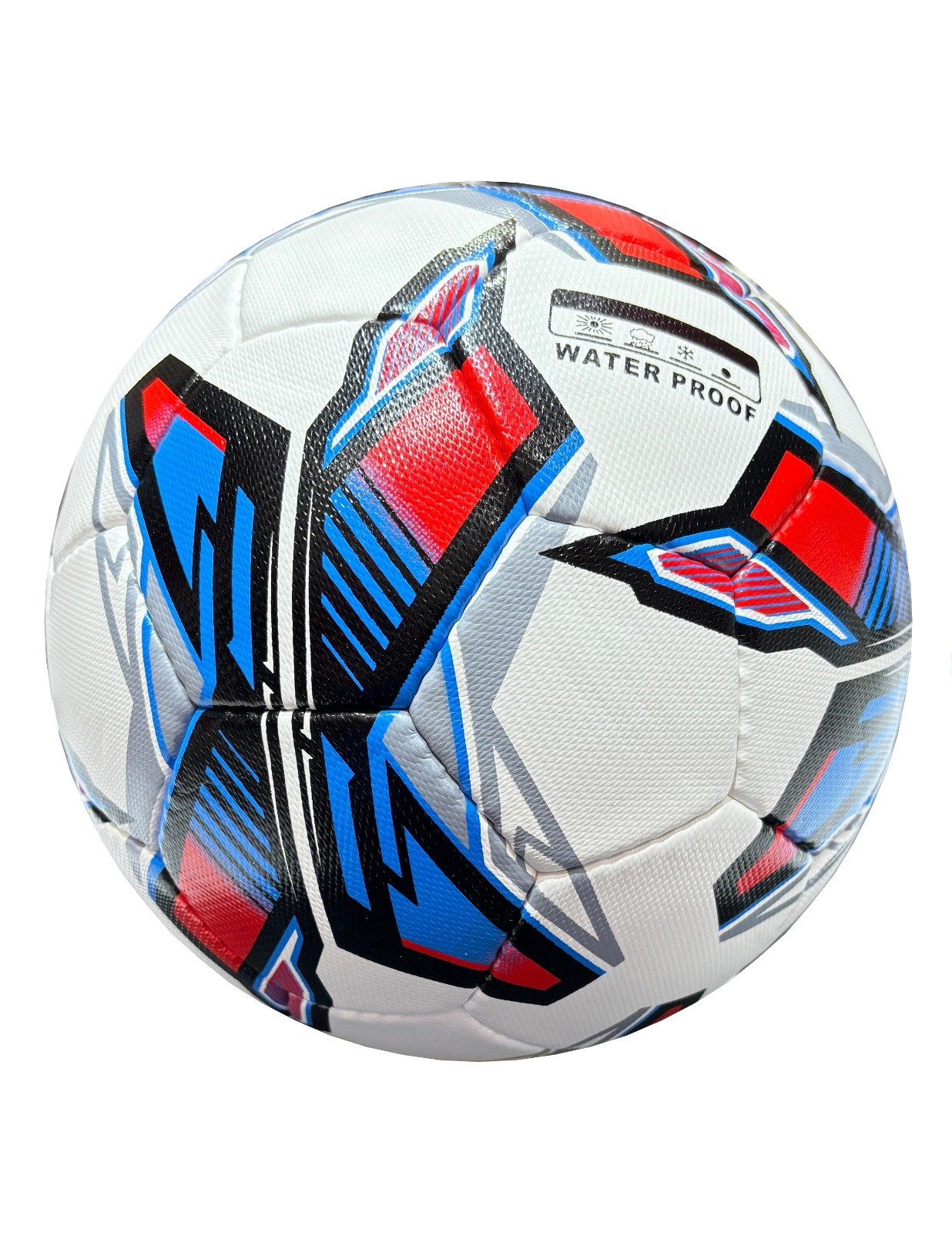 white football with red, black, blue and grey design, 32 panels, handmade MF Techno
