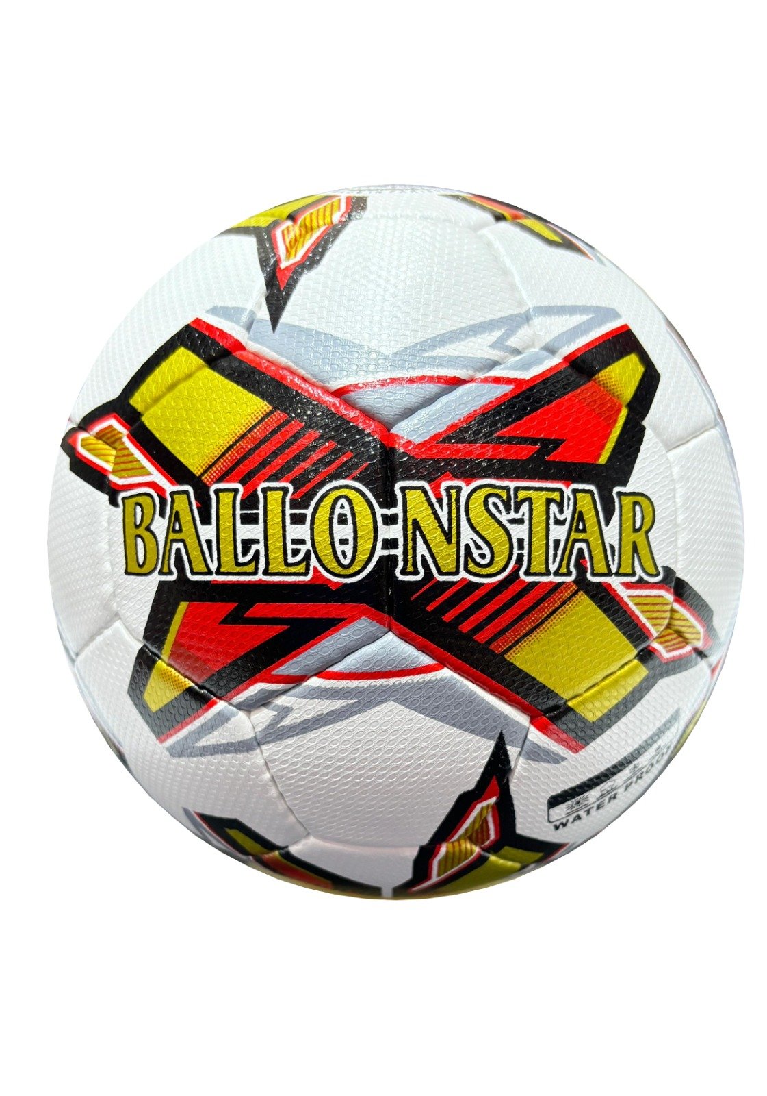 white football with red, black, yellow and grey design, 32 panels, handmade MF Techno