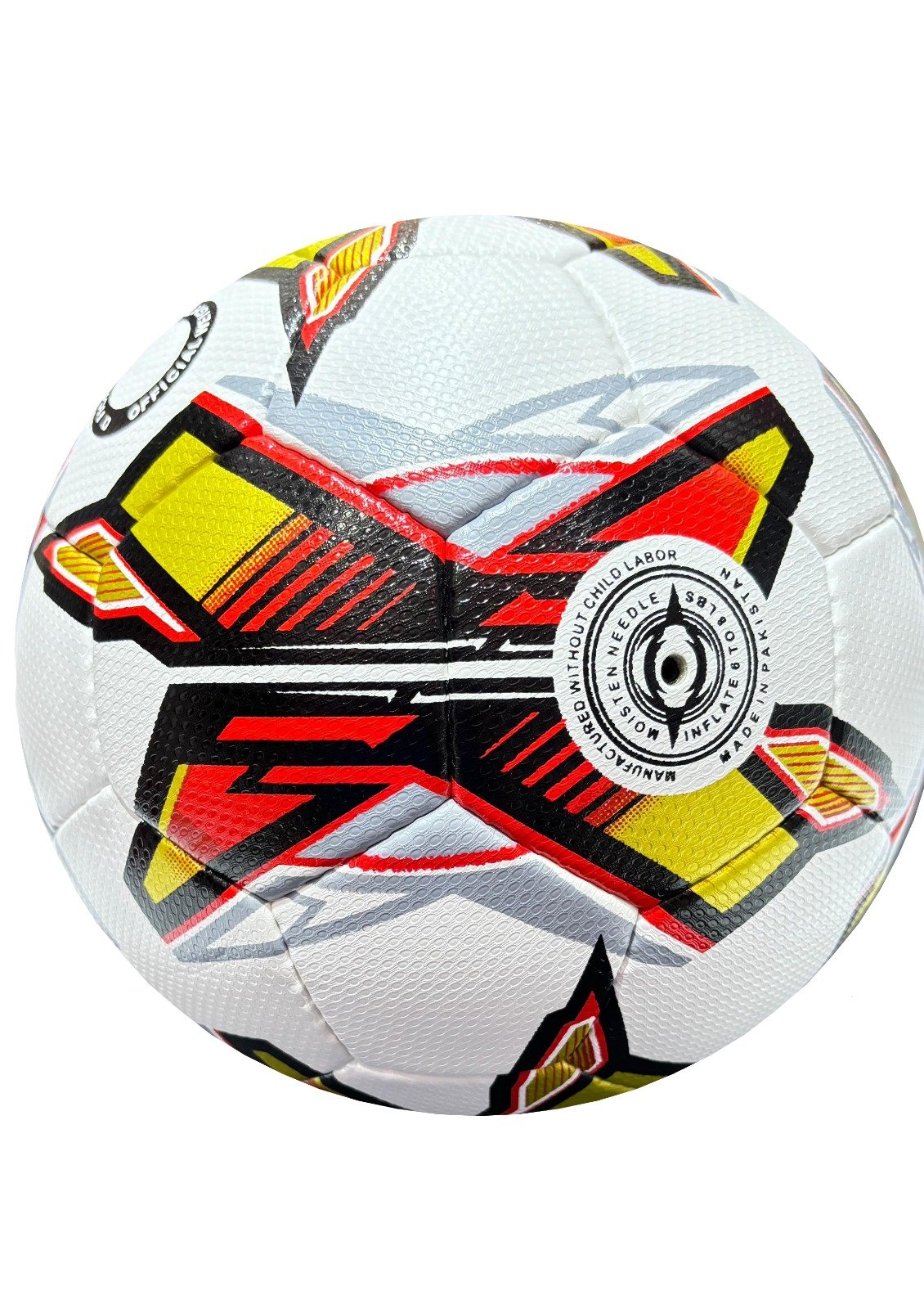 white football with red, black, yellow and grey design, 32 panels, handmade MF Techno