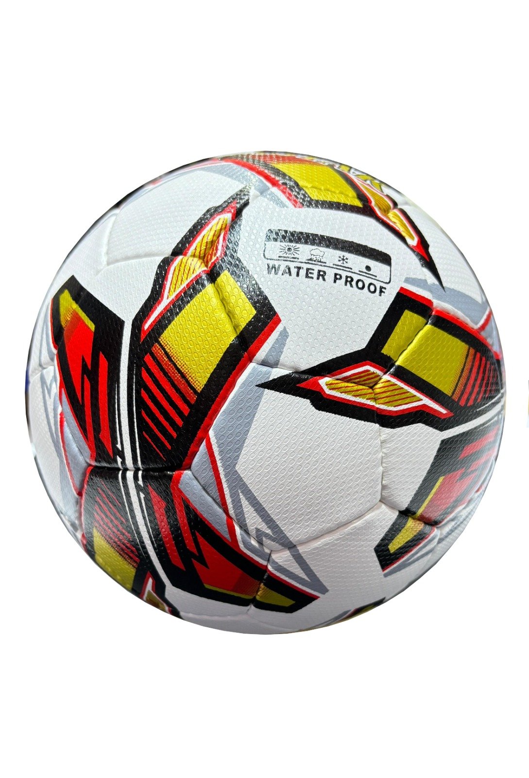 white football with red, black, yellow and grey design, 32 panels, handmade MF Techno