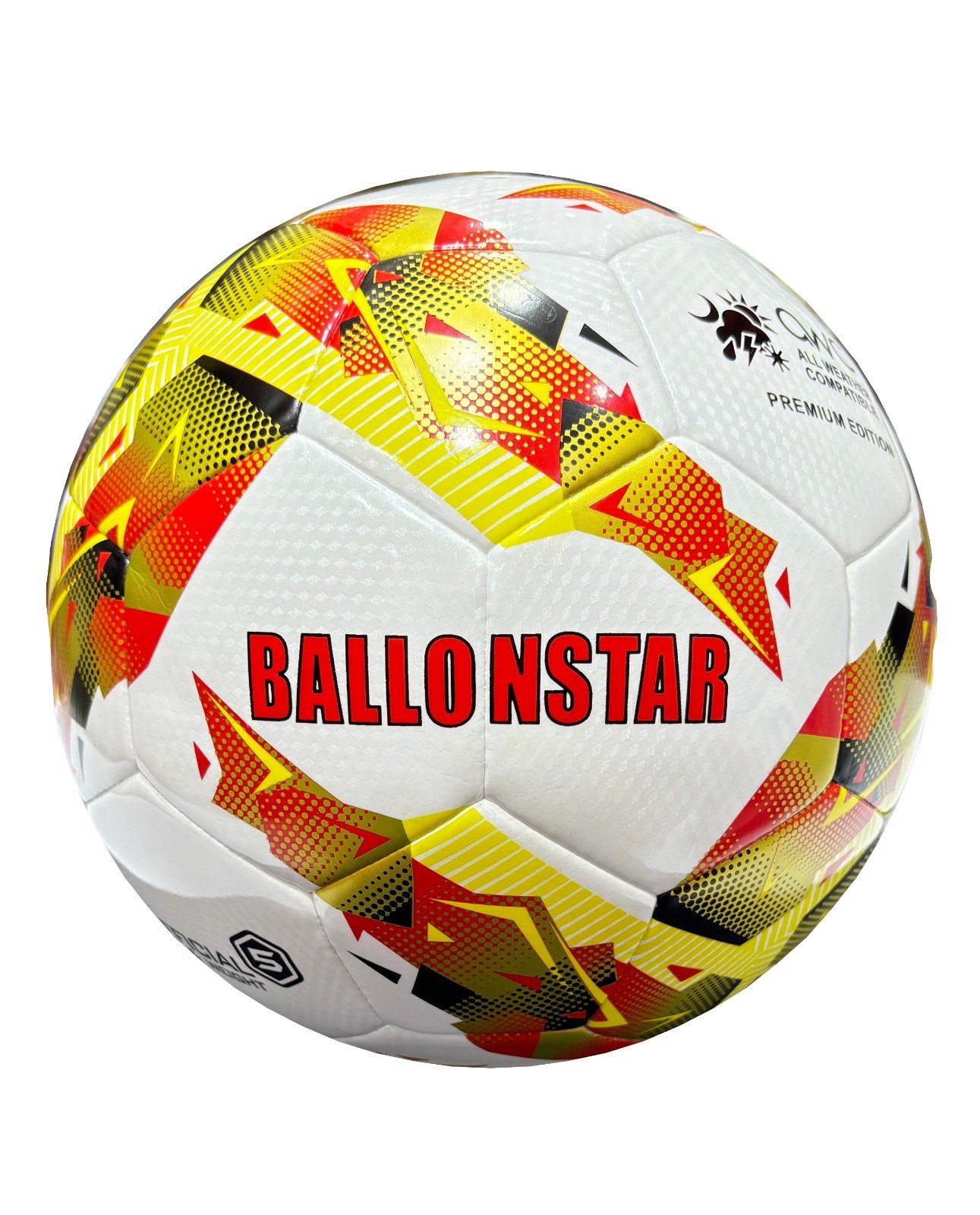 Hybrid, 32 panels white Football with yellow, red and black design Pioneer Tournament M2