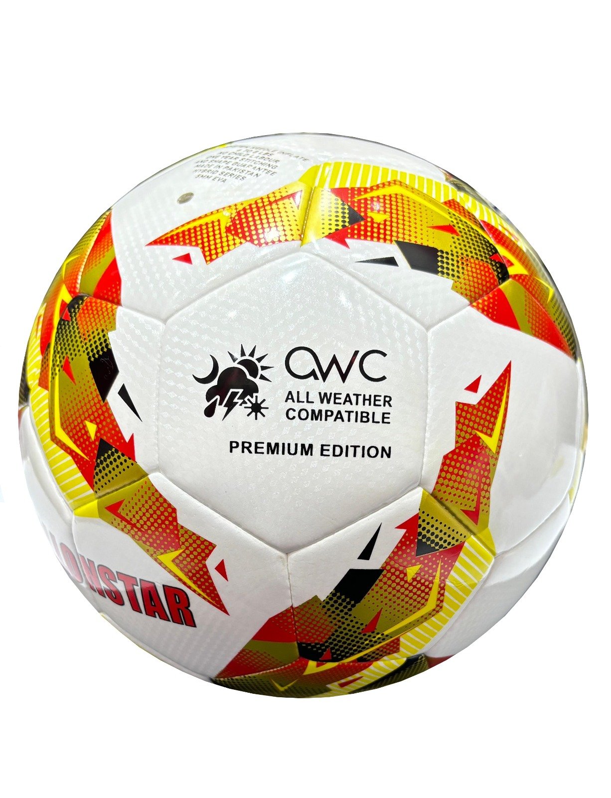 Hybrid, 32 panels white Football with yellow, red and black design Pioneer Tournament M2