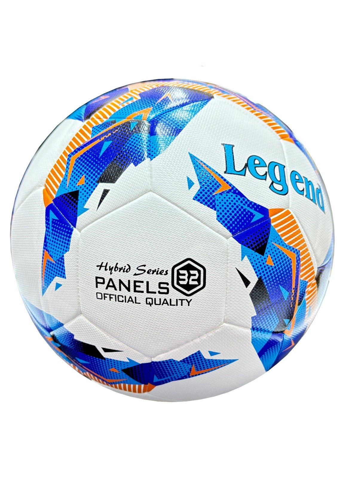 Hybrid, 32 panels white Football ball with blue, orange and black design Talento BE4