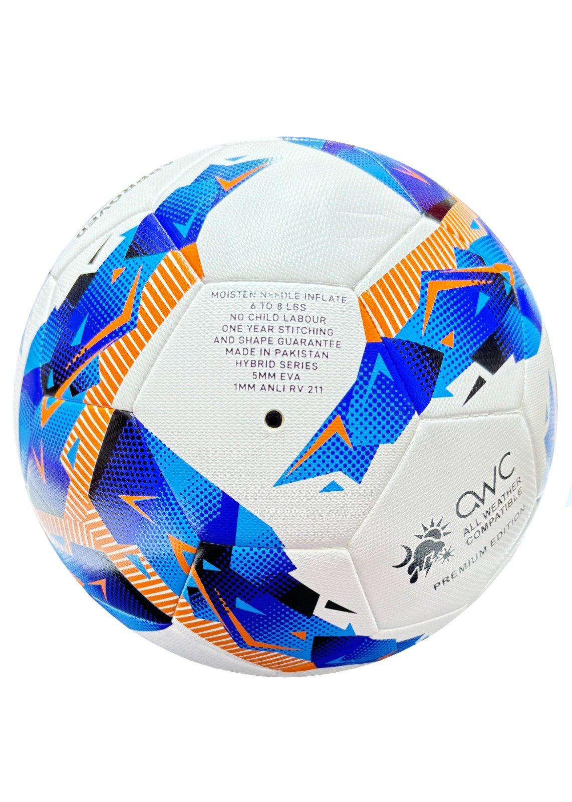 Hybrid, 32 panels white soccer ball with blue, orange and black design Talento BE4