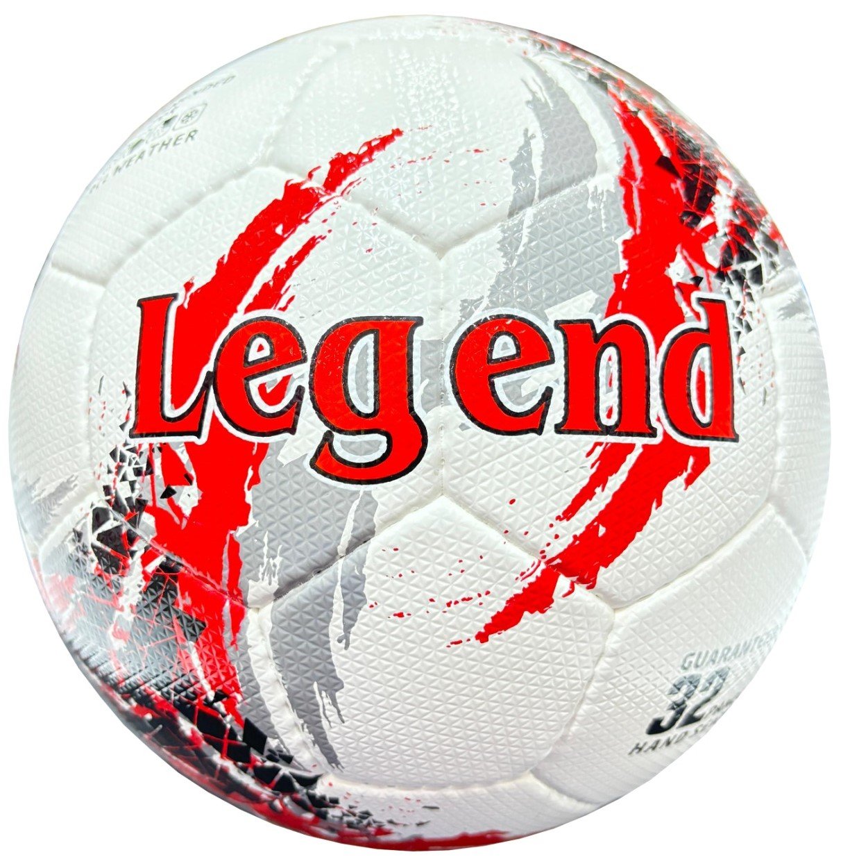 white soccer ball with red, black and grey design, 32 panels, handmade Brilliant Super AWC