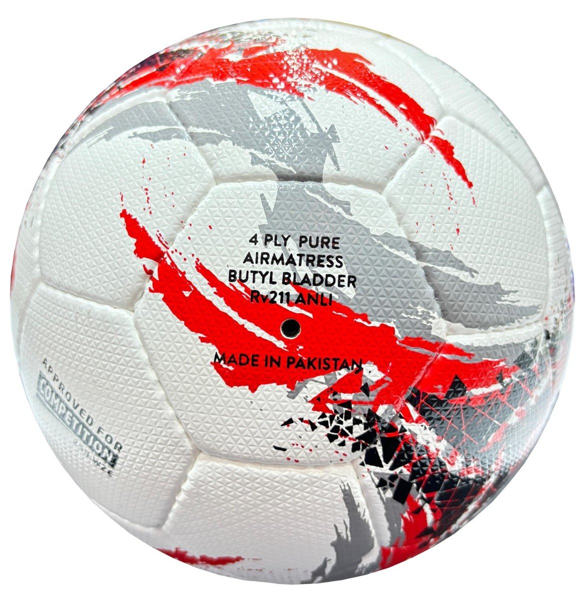 white football with red, black and grey design, 32 panels, handmade Brilliant Super AWC