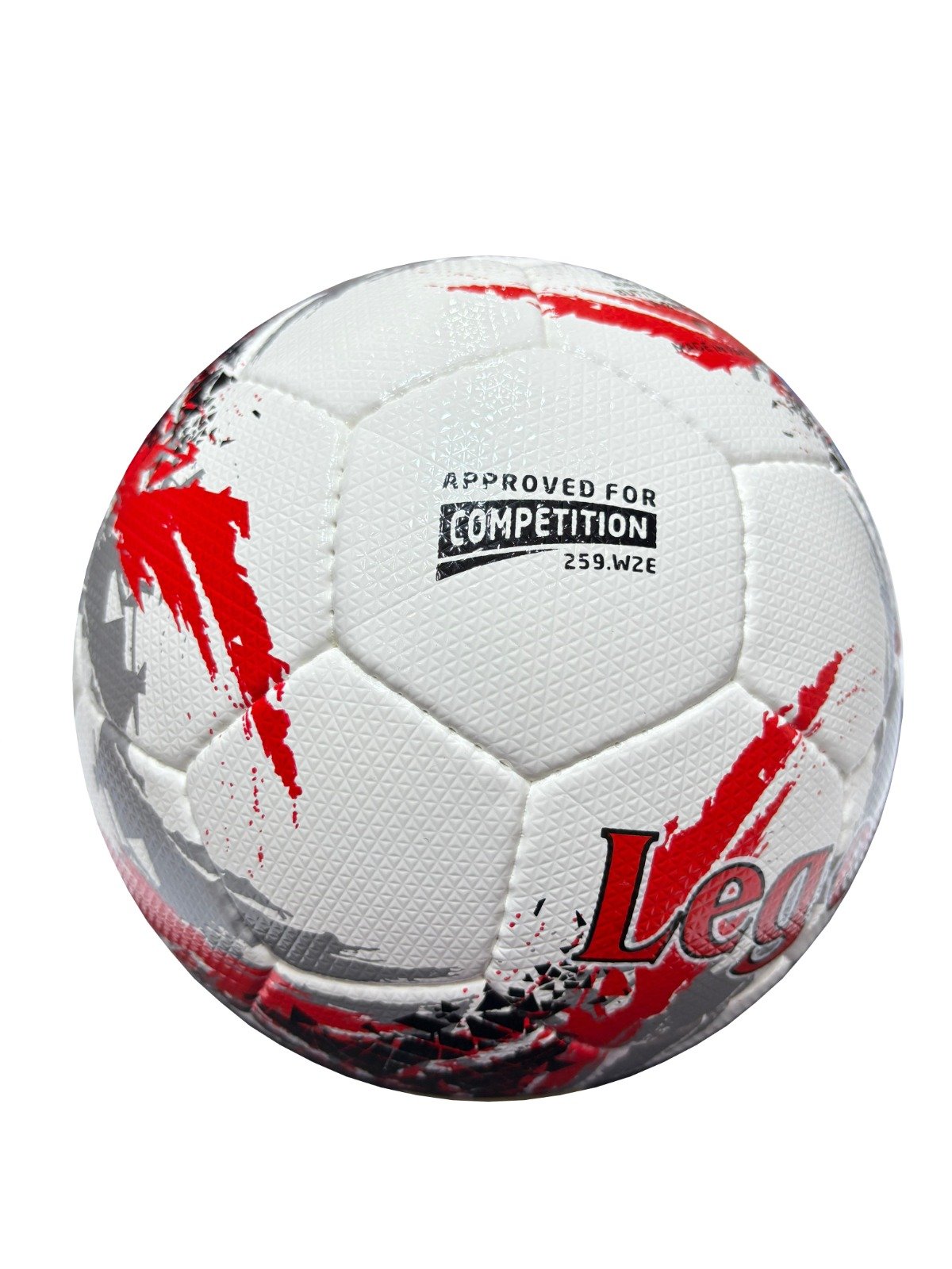 white football with red, black and grey design, 32 panels, handmade Brilliant Super AWC