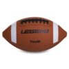 brown rugby ball with white stripes and black logo design
