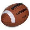 brown rugby ball with white stripes and black logo design