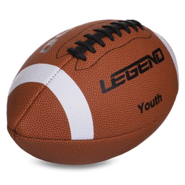 brown rugby ball with white stripes and black logo design