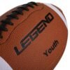brown rugby ball with white stripes and black logo design