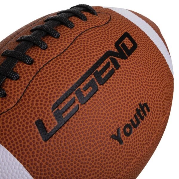 brown rugby ball with white stripes and black logo design