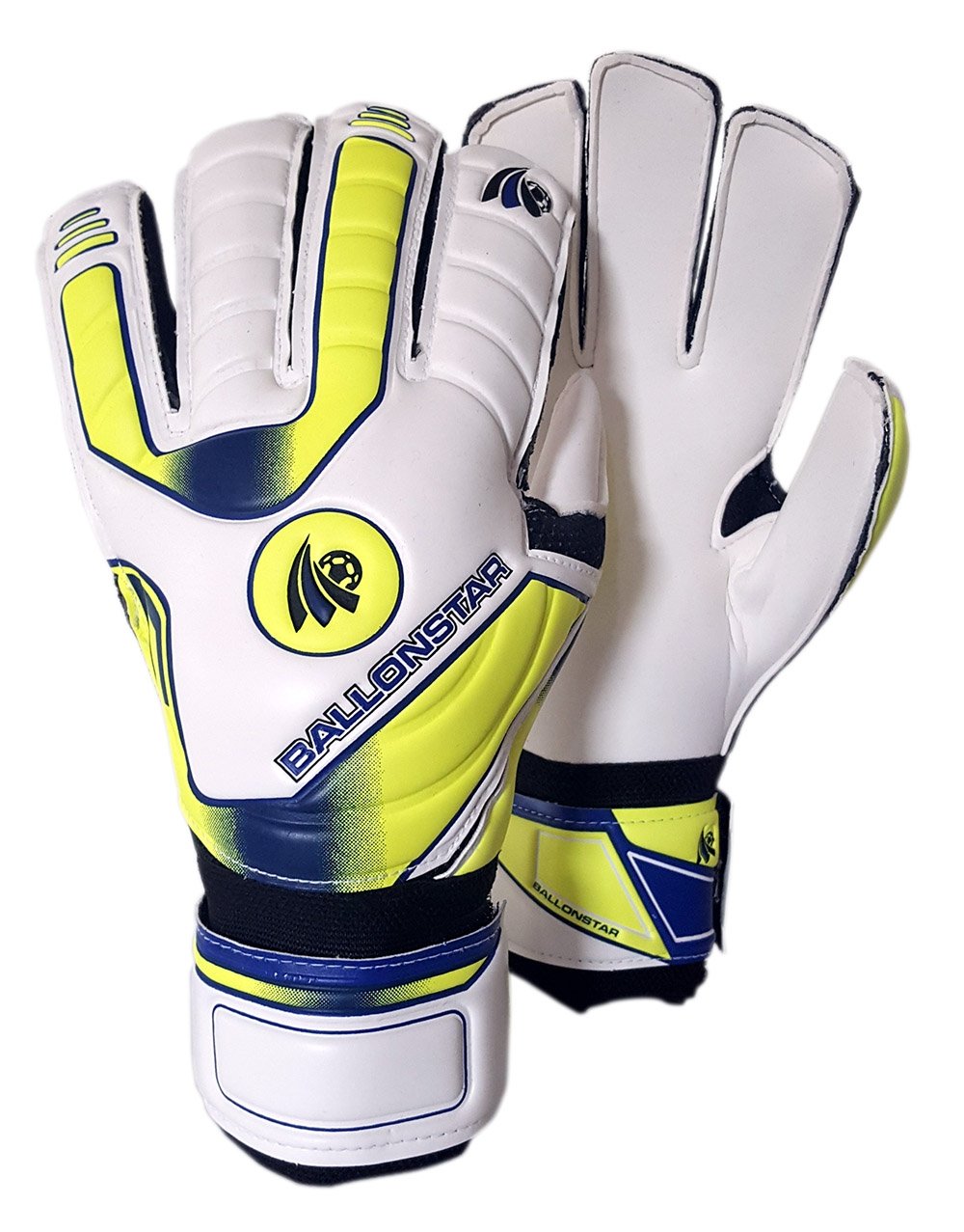 pair of white, blue and yellow goalkeeper gloves Safe Hands