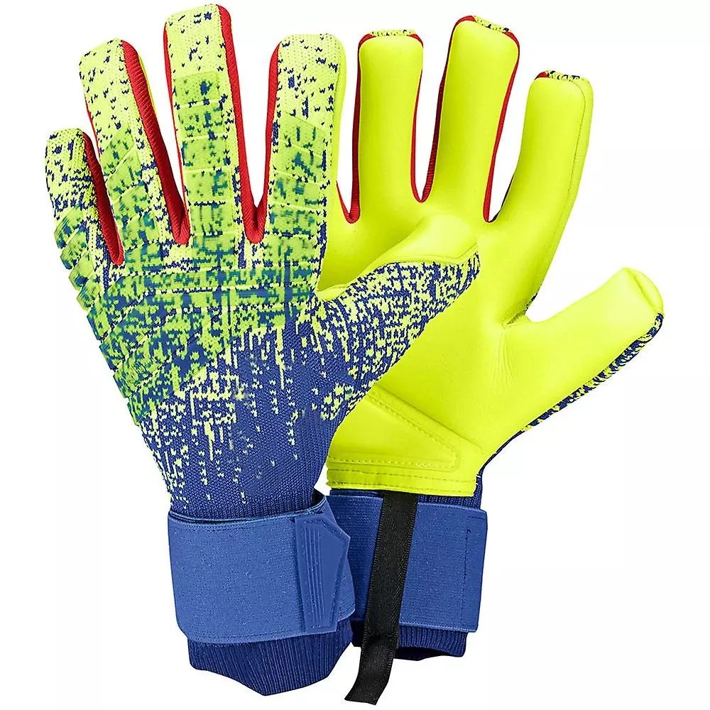 pair of yellow with green and blue print goalkeeper gloves Safe Stop