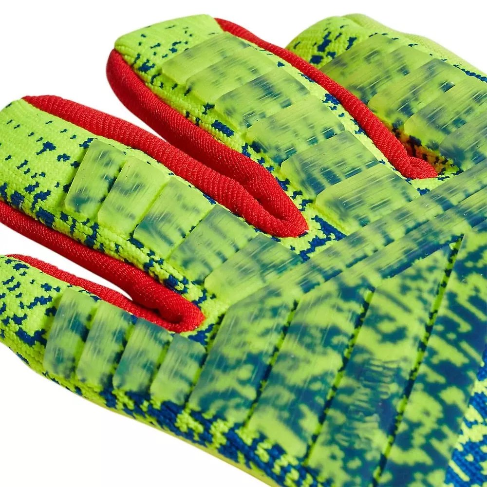 pair of yellow with green and blue print goalkeeper gloves Safe Stop