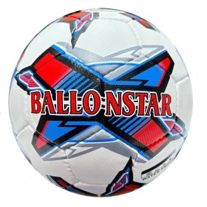 white football with red, black, blue and grey design, 32 panels, handmade MF Techno