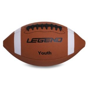 brown rugby ball with white stripes and black logo design