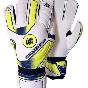 pair of white, blue and yellow goalkeeper gloves Safe Hands
